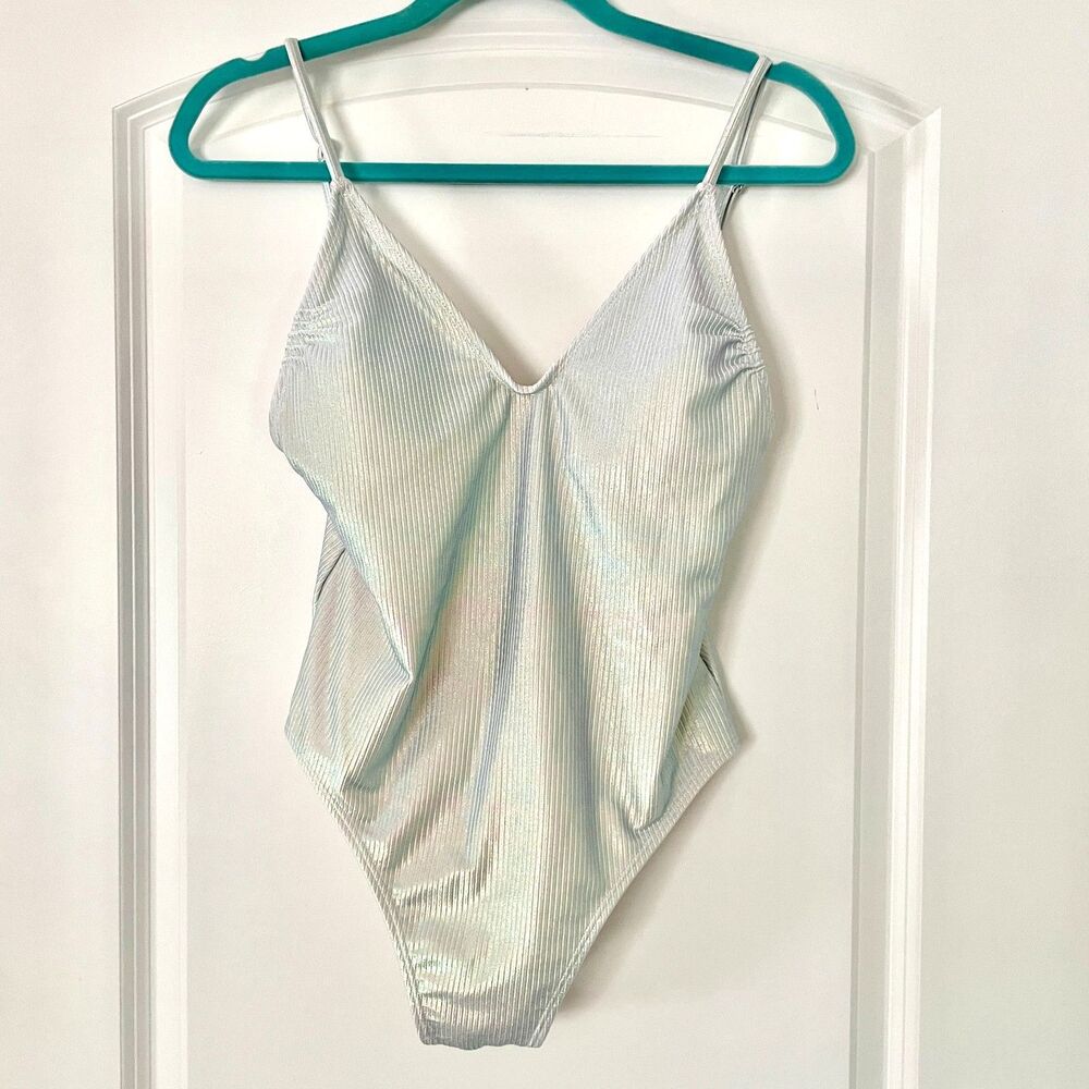 Iridescent One Piece Bathing Suit Swimsuit in Silver Ribbed - Size Large